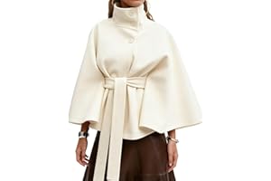 Kinghua Womens Batwing Sleeve Poncho Pea Coats Fall Trendy Stand Collar Belted Cloak Cape Wool Coats Winter Jackets