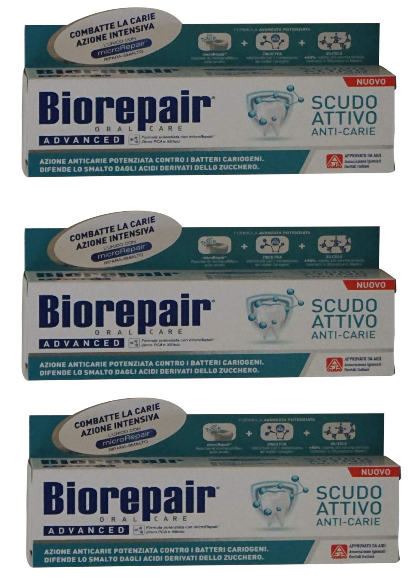 Biorepair Advanced "Scudo Attivo" (Active Shield) Toothpaste with microRepair 2.5 fl.oz (75ml) Tubes (Pack of 3)