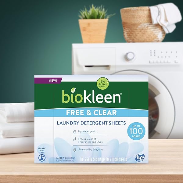 BIOKLEEN LAUNDRY DETERGENT SHEETS – DYE & FRAGRANCE FREE, HYPOALLERGENIC, ENZYMATIC CLEANER, STAIN REMOVER, BIO ACTIVE FORMULA, NO PLASTIC JUG, UNSCENTED, 100 LOADS