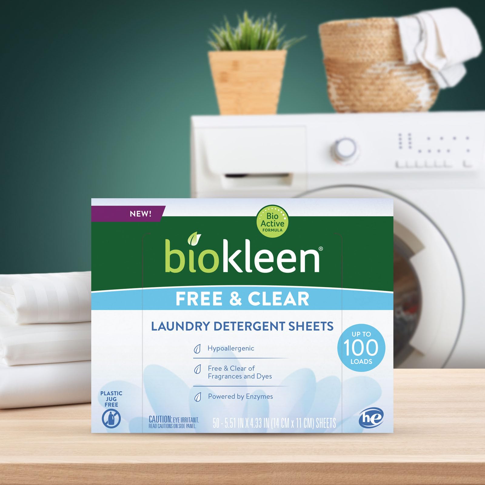 Biokleen Laundry Detergent Sheets - Dye & Fragrance Free, Hypoallergenic, Enzymatic Cleaner, Stain Remover, Bio Active Formula, No Plastic Jug, Unscented, 100 Loads