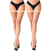 VOAKOW 2 Pairs Thigh High Fishnet Stockings Sparkly Fishnet Tights for Women, Rhinestone Fishnets Stockings