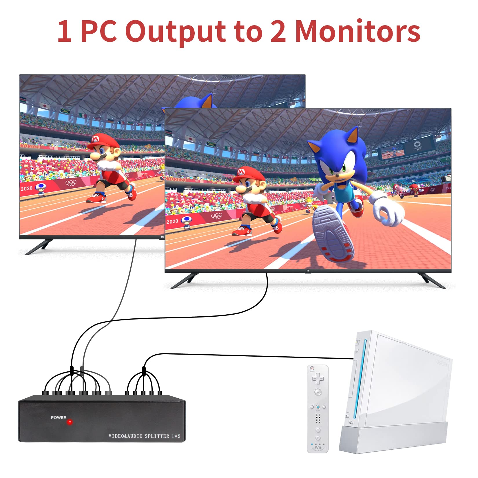 BolAAzuL 2-Way Component Video Splitter 1 in 2 Out, 1x2 YPbPr RCA Component AV Splitter Selector Converter, HDTV Video Audio Distribution 2 Port, Plug & Play, for Computers Video Scalars DVD VCR