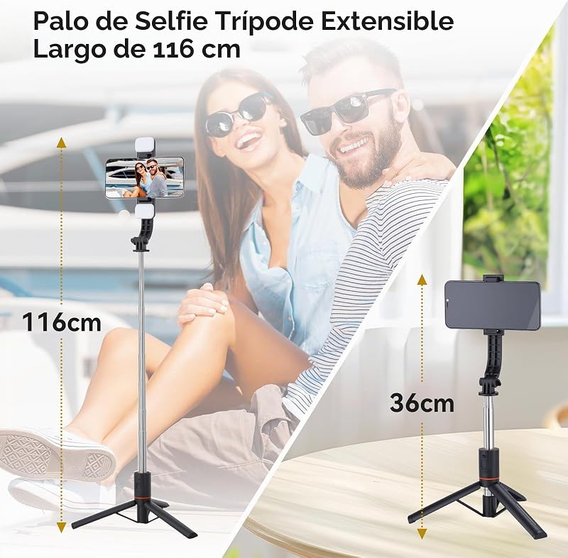Tripé para selfies para telemóvel com 2 luzes, tripé móvel extra comprido de 116 cm com comando remoto destacável, compatível com a maioria dos iPhones, Samsung e telemóveis Android
