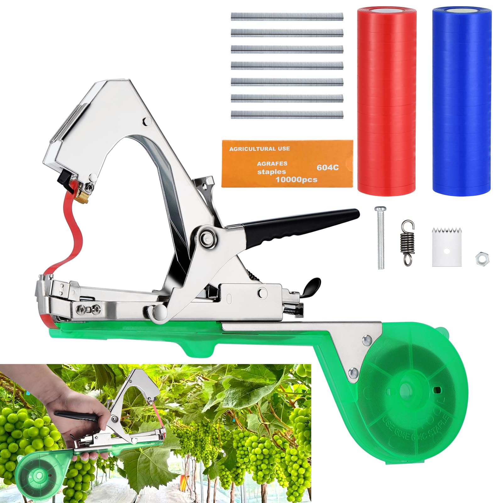 Faankiton Plant Tying Machine, Garden Tape Tool Plant Binding Machine, Plant Tying Tool, Agriculture Tapetool Vineyard Tying Machine, 20 Rolls Tape+10000PCS Staples, Green