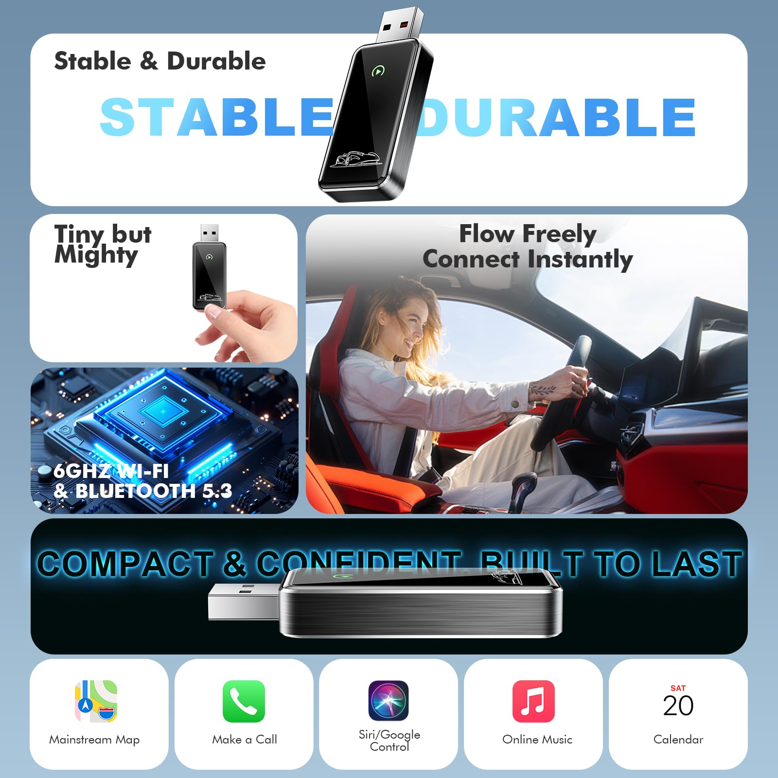 Wireless CarPlay Adapter for Apple iPhone - Converts Factory Wired CarPlay to Wireless, Quick Setup & Auto-Connect Every Drive, CarPlay Dongle for Cars from 2015+ & iOS10+ (Metallic Brushed Blue)