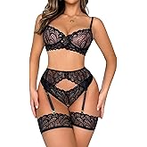 Lilosy Sexy Bow Feather Floral Lace Sheer Underwire Push Up Garter Lingerie Set