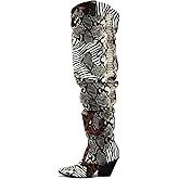 Cape Robbin Women's Thigh High Cowboy Boots with Chunky Heel - Faux Snakeskin Western Booties | Slip Resistant Block Heels for Fall Winter (Hilda)