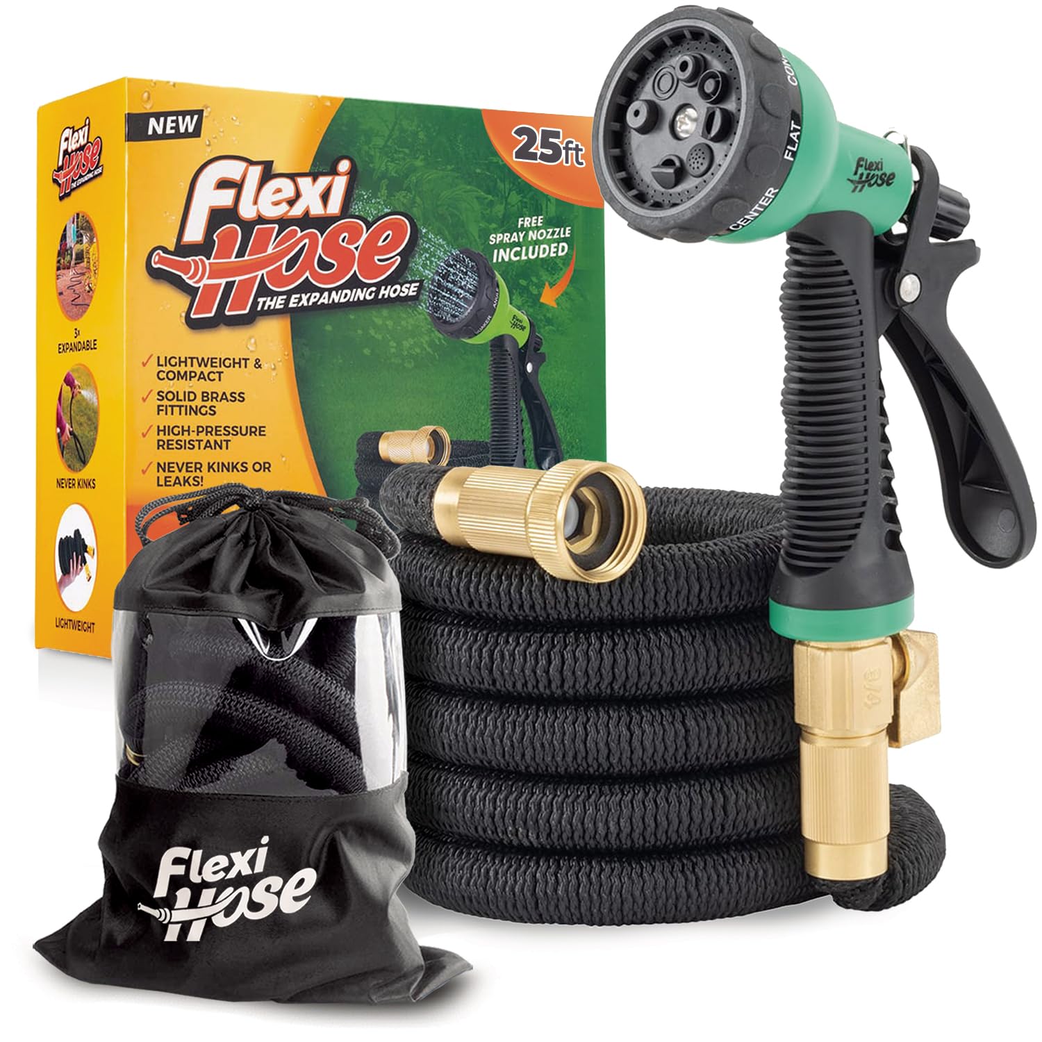 Photo 1 of Flexi Hose Plus Expandable Garden Hose with 8 Function Nozzle, 25FT - Lightweight Retractable Garden Hose, Water Hose - No-Kink Flexibility, 3/4 Inch Solid Brass Fittings Includes Hook & Bag