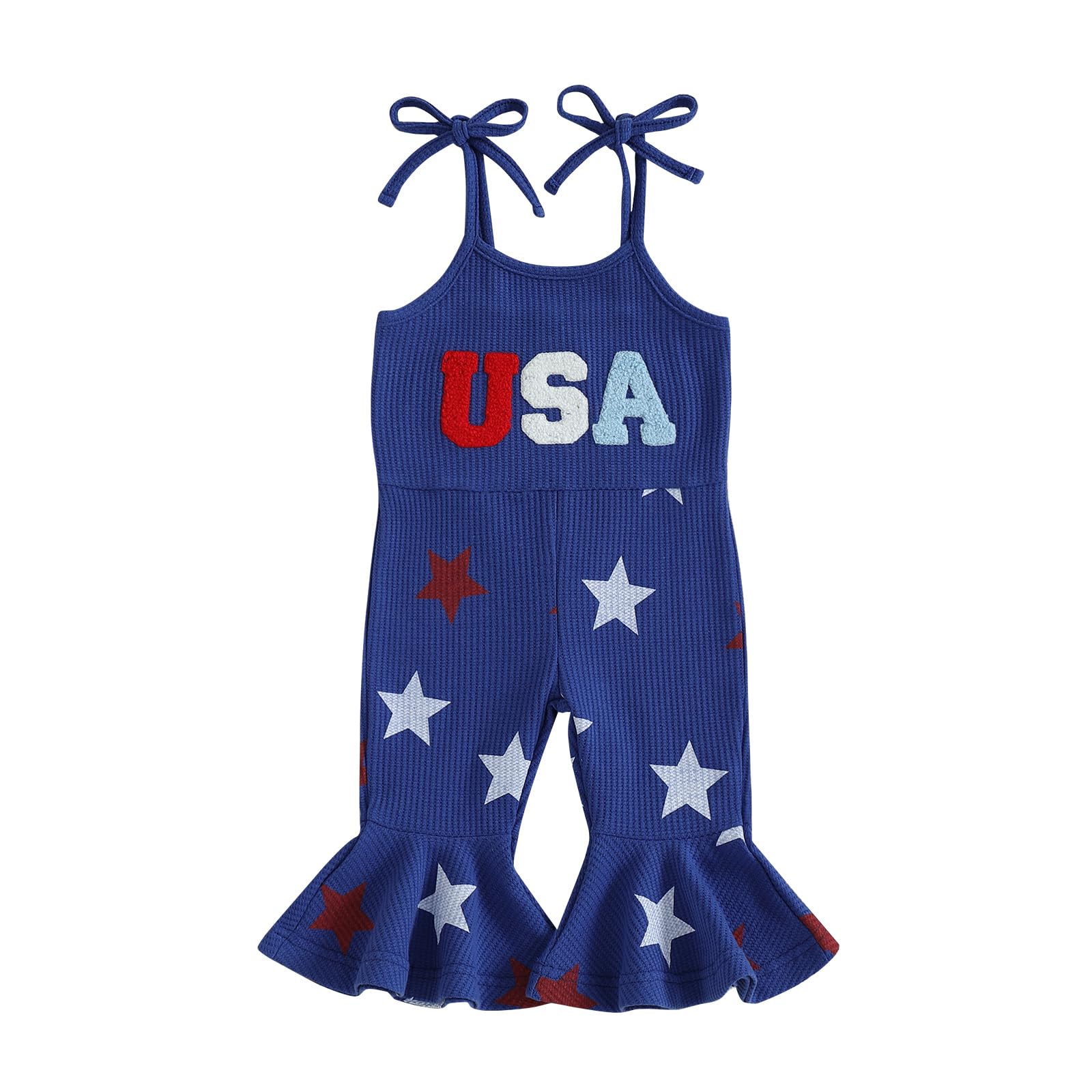 Photo 1 of 4th Fourth Of July Toddler Girl Outfit USA Romper Spaghetti Strap Bell Bottoms Jumpsuit Red White And Blue Outfits (USA Star Blue, 2-3T)