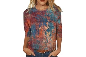 AMOBER Womens Tops 3/4 Sleeve Crewneck Cute Shirts Casual Print Trendy Tops Three Guarter Length T Shirt Summer Pullover