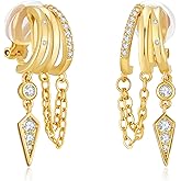 Gold Clip On Earrings for Women Sparkly Tassel Chain Drop Clip-On Earrings 18k Gold Plated Statement Non-Pierced Jewelry Gifts