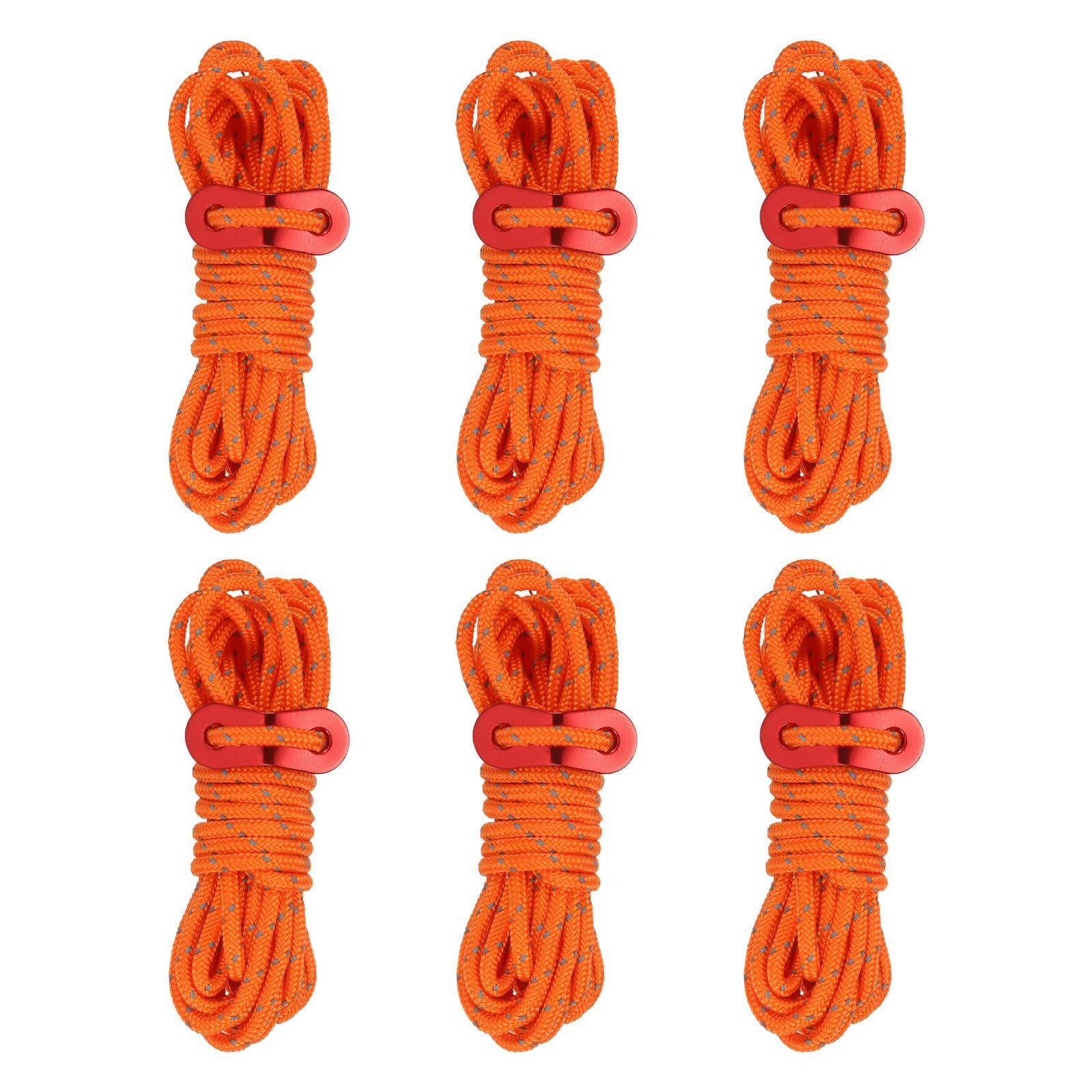 PATIKIL 4mm Tent Rope, 6 Pack 13ft Reflective Guyline Cord Tied Downs Rope Paracord Cord Camping Ropes with Red Aluminum Cord Adjusters for Camping Hiking Tent, Orange