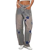Kedera Women's Barrel Boyfriend Baggy Star Print Jeans Denim Pants Mid Rise Wide Leg Y2K Horseshoe Jeans Trendy