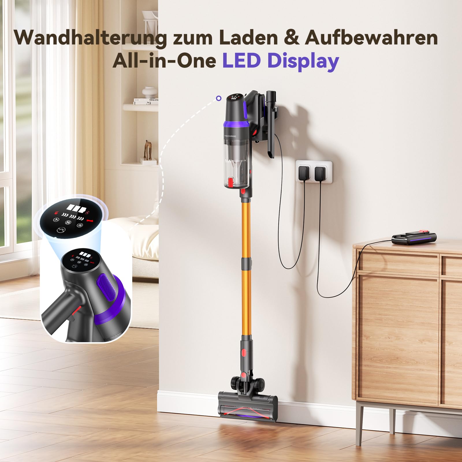 TechRise Akku Staubsauger 45000Pa/500W/60Min, Anti-Tangle-Bürste & 8-in-1-Funktion (Selbststehend) Staubsauger Kabellos mit Display, Stielstaubsauger für Zuhause, Tierhaare/Teppiche/Hartböden 9
