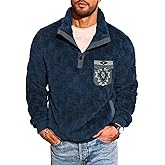 Yousify Mens Fuzzy Sherpa Sweatshirt Flannel Fleece Pullover Jacket Casual Quarter Button Aztec Coat Western Sweaters
