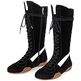 LACIKOSZ Women’s Suede Lace Up Tall Boxing Boots Knee High Retro Dance Streetwear Sneakers with Side Zipper Flexible Non-Slip Sole