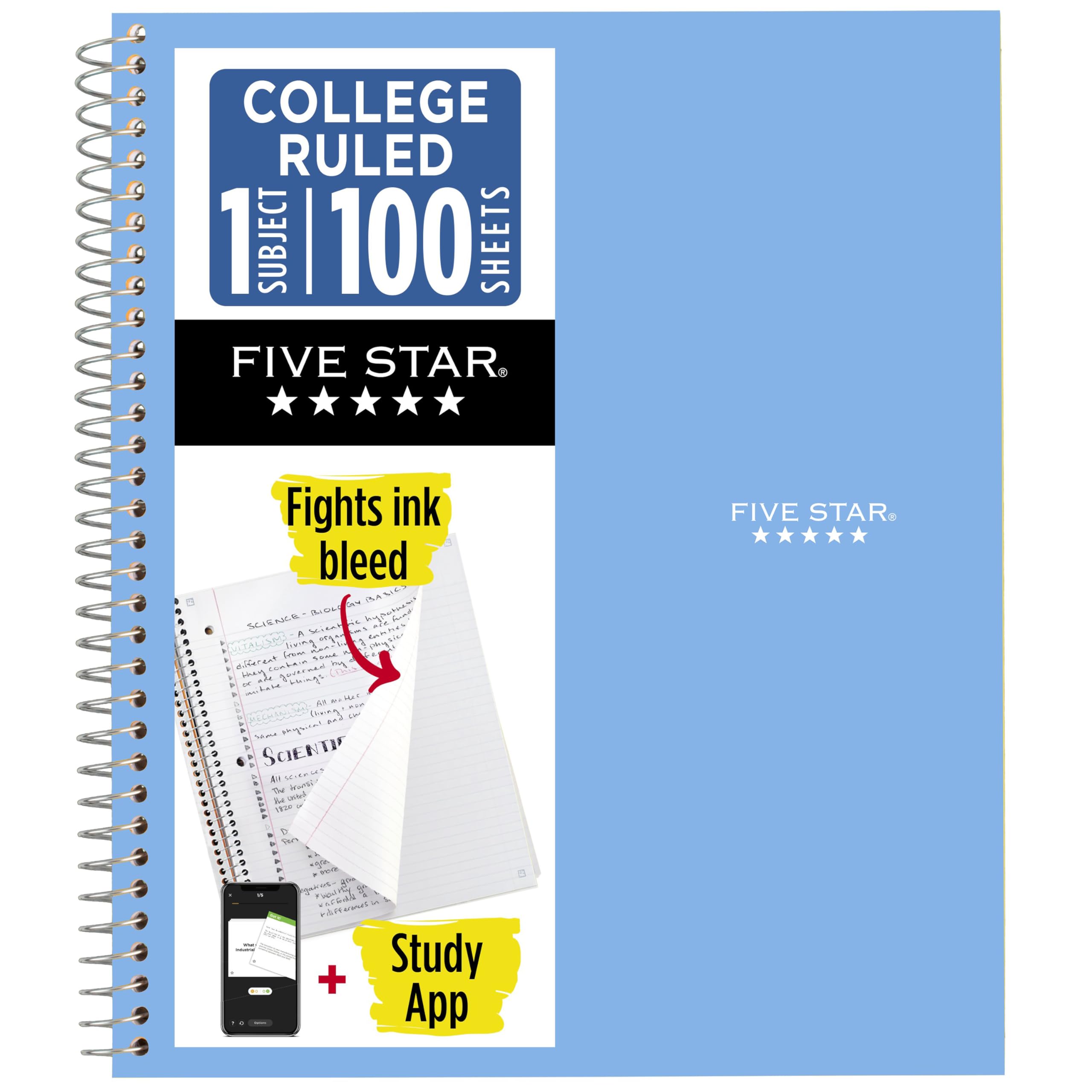 Five Star Spiral Notebook + Study App, 1 Subject, College Ruled Paper, 8.5" x 11", 100 Sheets, Blue (Color May Vary) (72565)