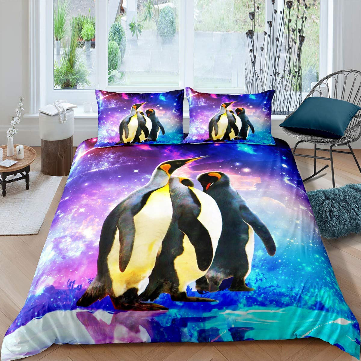Penguin Duvet Cover Set Galaxy Cartoon Penguin Bedding Set for Kids Boys Girls Funny Animal Printed Comforter Cover Cute Polar Animal Pattern Colorful Quilt Cover Room Decor 3Pcs Super King,Zipper
