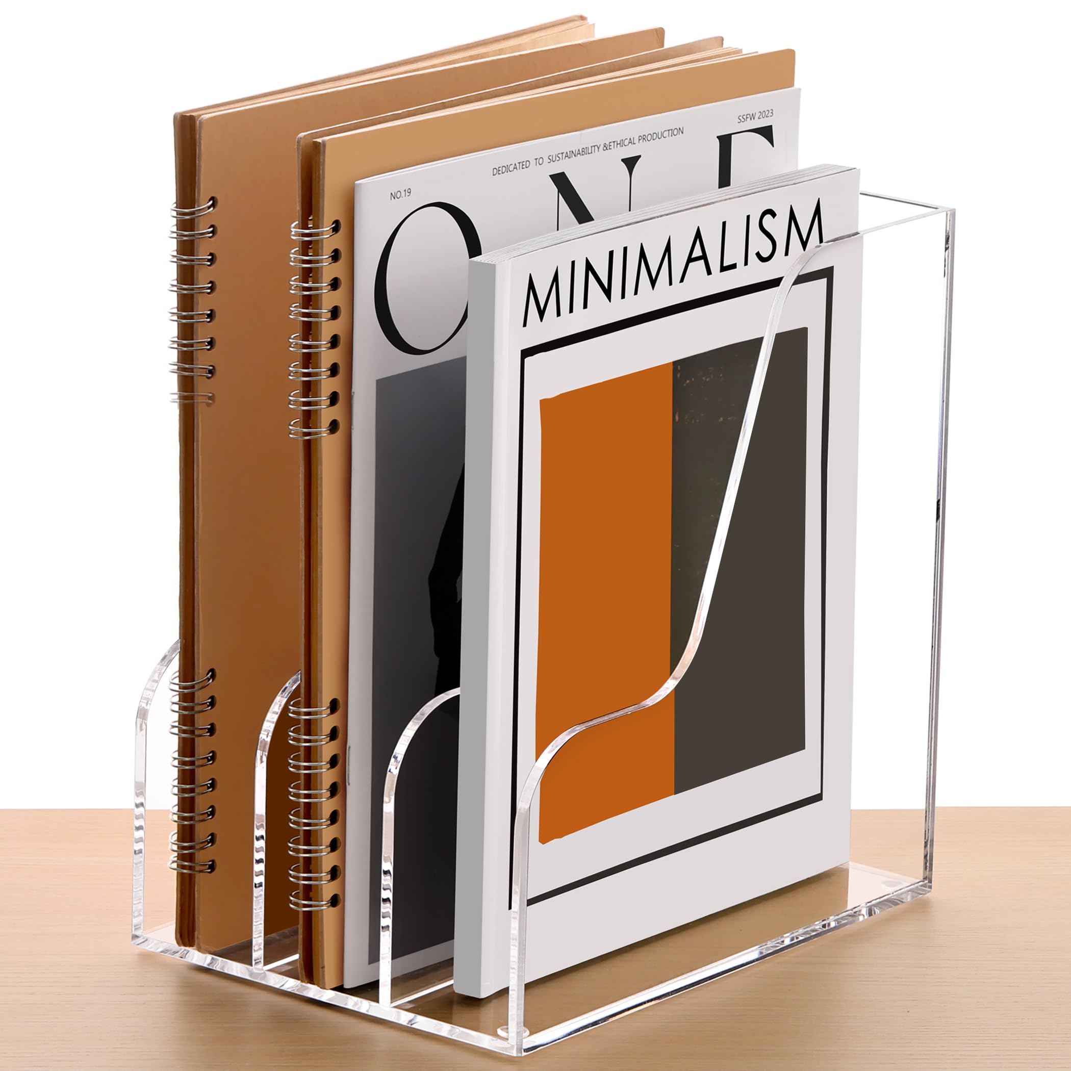 Photo 1 of SANRUI Acrylic Magazine File Holder for Desk Organizers, Clear 3 Vertical Compartments A4 Folder Binder Holders Sorter, Desktop Workspace Organization Storage Racks for Office Home School