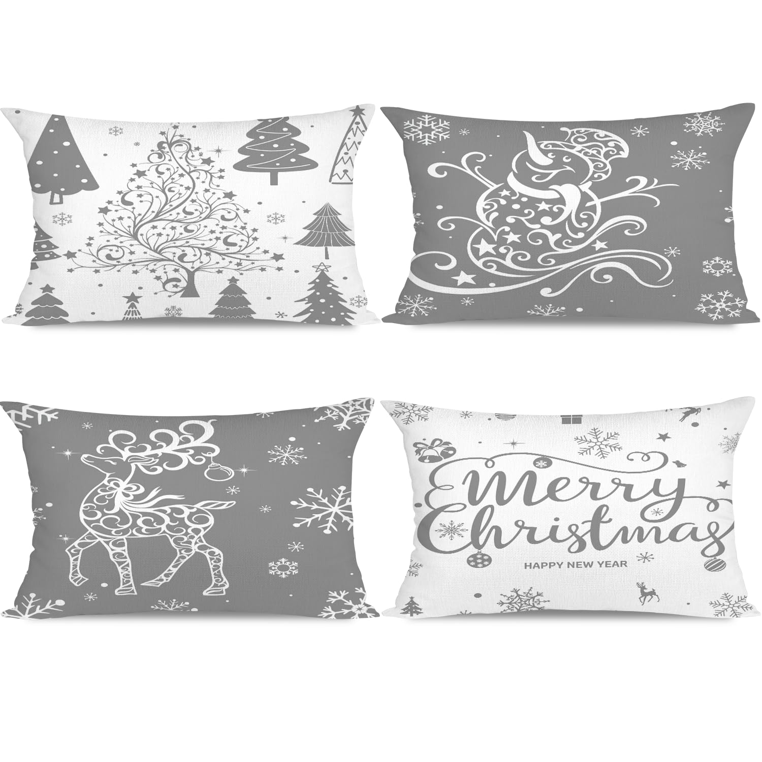 Miaikoe Christmas Cushion Covers 30x50 Set of 4 Christmas Decoration Trees Deer Snowman Merry Christmas Decorative Holiday Farmhouse Pillow Cases for Holiday Christmas Decoration（Grey）