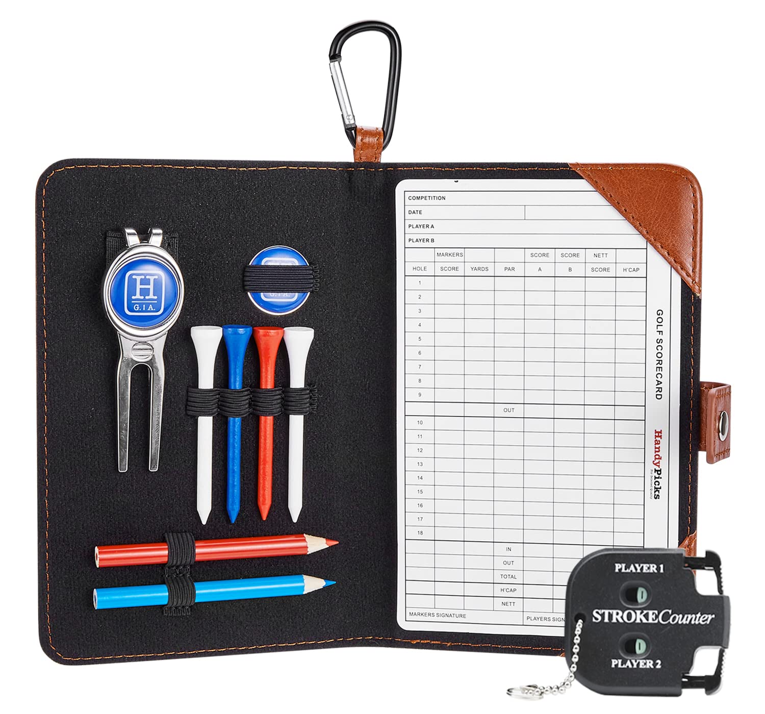 Handy Picks Golf Scorecard Holder n Yardage Book Cover - Divot Repair Tool, Ball Marker, Golf Tees, Scorer, Pencil n Scorecards Included - Gift for Golfers (Light brown)