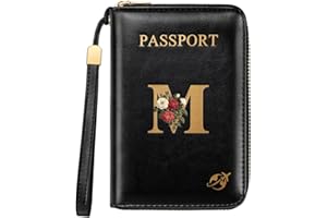 SIMIKOL Passport Holder Cover Wallet with Zipper Personalized Initial Letter M Rose Flower RFID Blocking Travel Wallets Credit Cards Holder for Women, Gift for Wife and Girlfriend,M