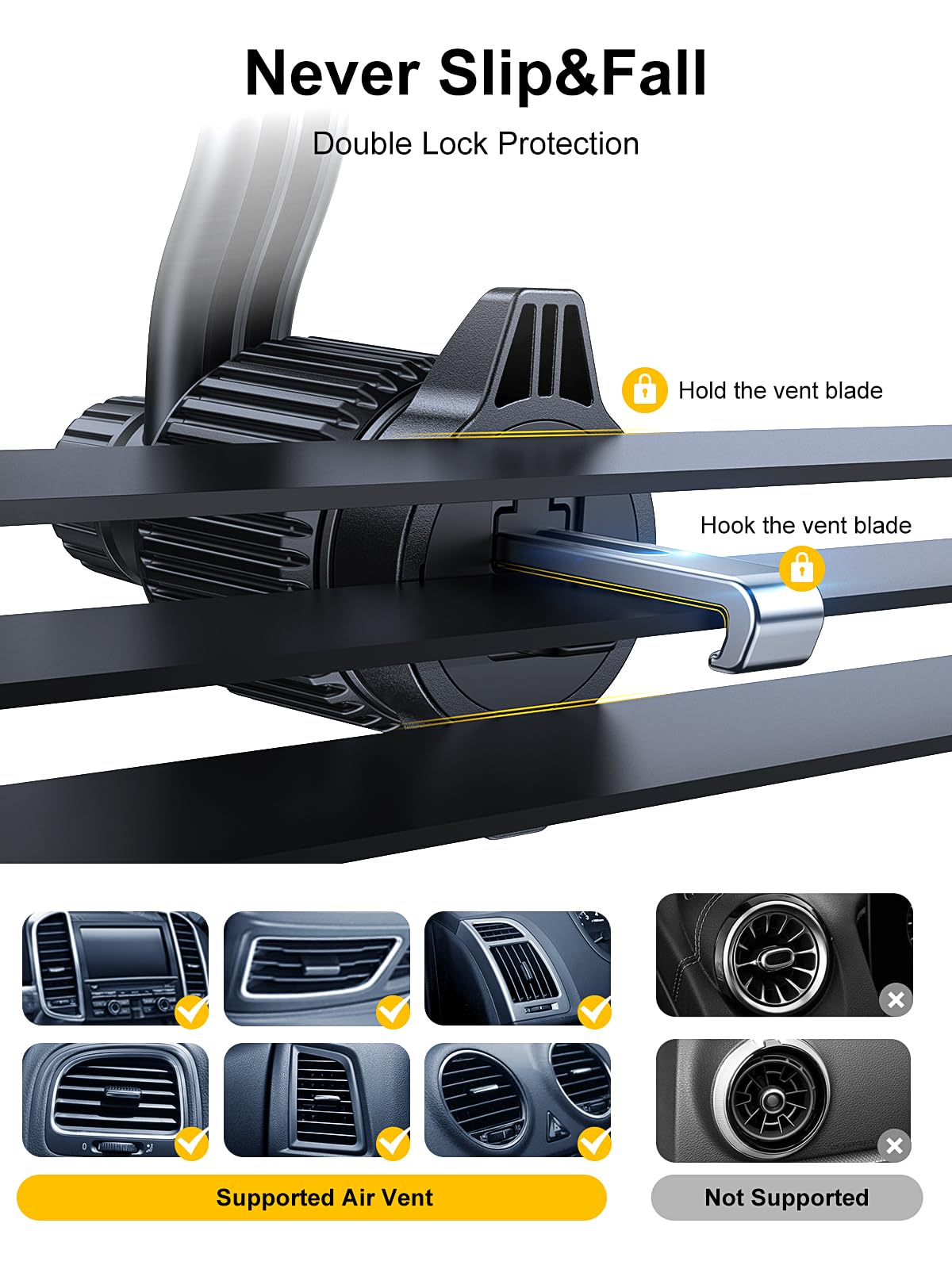 Car Vent Phone Mount, [Never Blocking Vent, Enjoy The Comfort of The A/C] Hands-Free Universal Extension Clip Air Phone Holder Car Fit for All Phones iPhone Samsung More