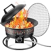 19″ Outdoor Portable Propane Fire Pit with Grill Grate, Cover&Carry Handle,Fireplace,60,000 BTU Propane Firepit,Portable Gas