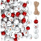 Queekay 160 Pcs Christmas Snowman Wooden Beads Crafts, Rustic Farmhouse Christmas DIY Beads Ornaments with 32.8 Feet Rope for Women Xmas DIY Craft Supplies Gifts(Bead Style,Red and White)