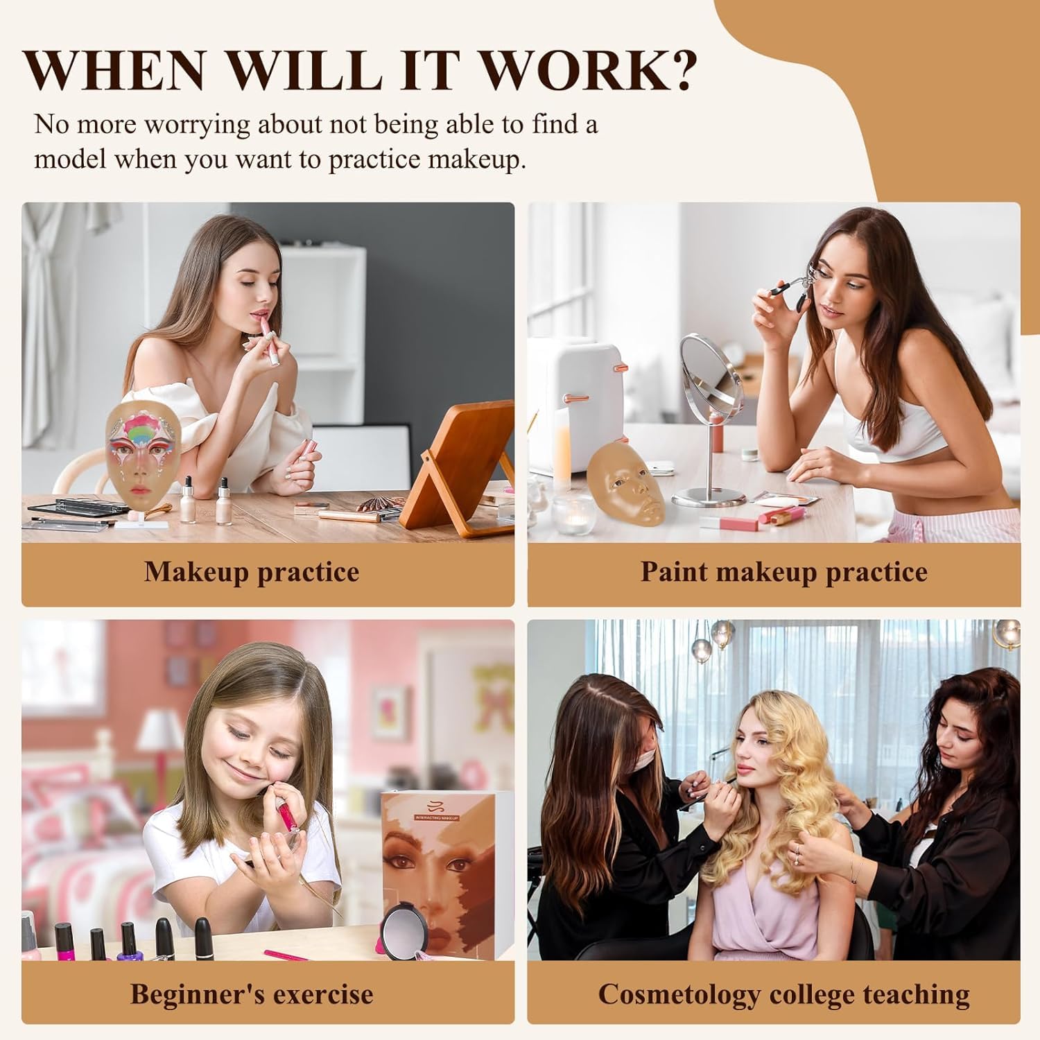 Makeup Practice Board, Face Painting Mannequin Head with Stand, 5D Reusable Silicone Face Practice Board for Makeup Artists & Beginners, Brown