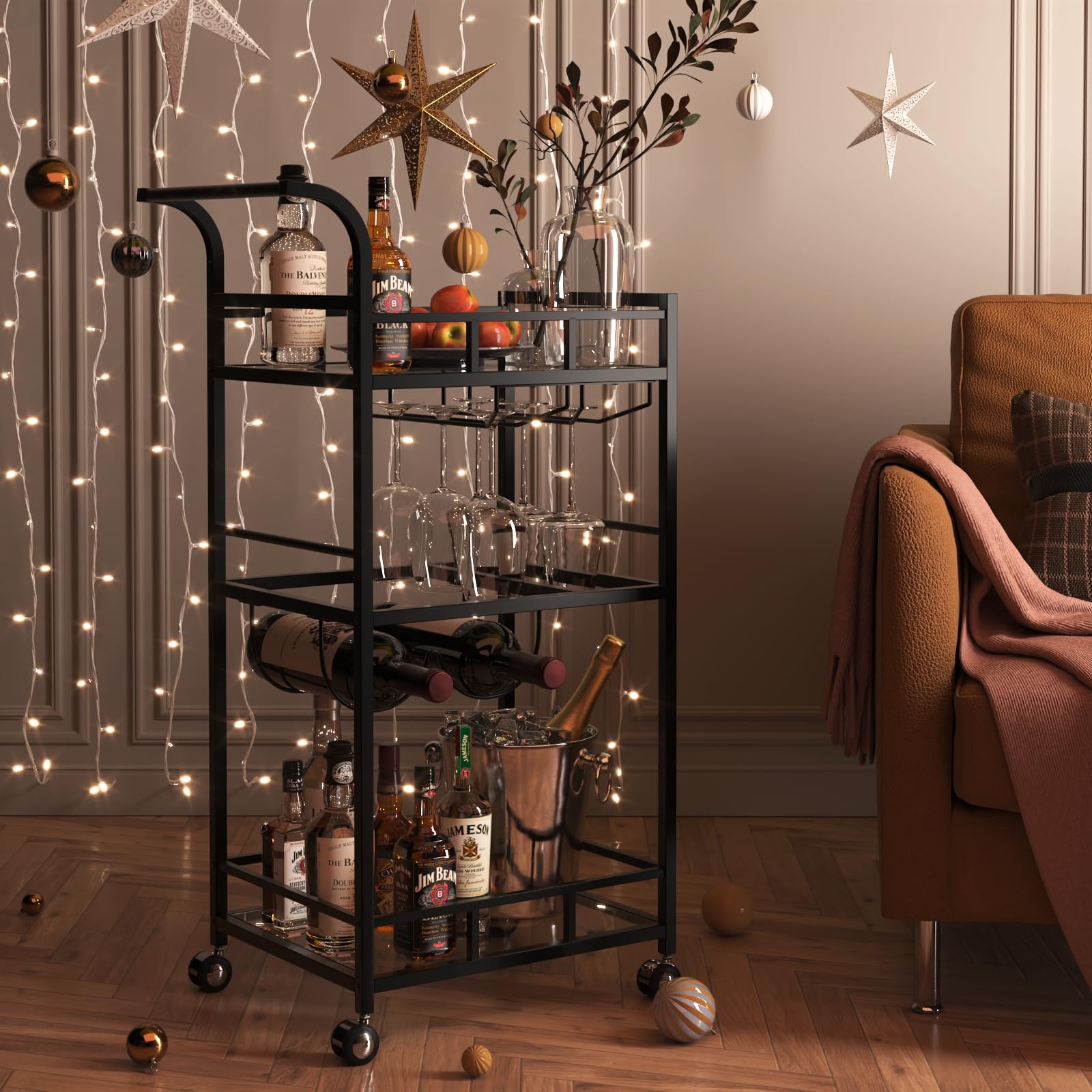 Photo 1 of **ASSEMBLY INSTRUCTIONS INCLUDED** Alihdrna Black Bar Cart, Serving Cart with Wheels and Handle, Small Bar Cart with Wine Rack and Glass Holder, Modern Glass Beverage Cart, Mini Bar Carts for Small Spaces