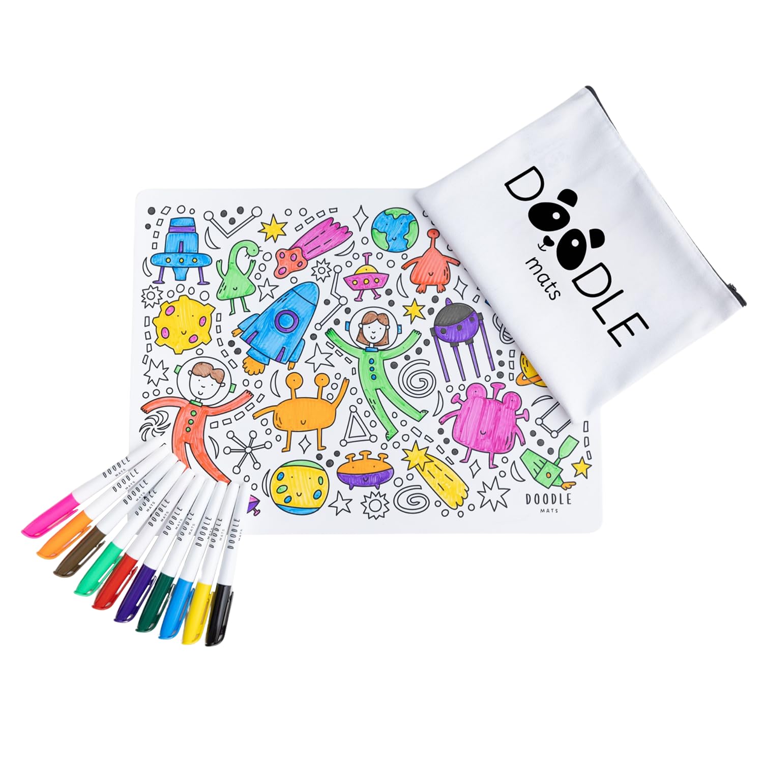 Doodle Mats Reusable Space Colouring Mat for Kids | Astronaut & Planets Play Mat with 10 Washable Pens & Carry Case | Mess Free Travel Toy Featuring Rockets, Stars & Aliens | Eco Friendly A3 Gift โ image 1