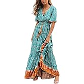 R.Vivimos Womens Summer Cotton Short Sleeve V Neck Floral Print Casual Bohemian Midi Dresses