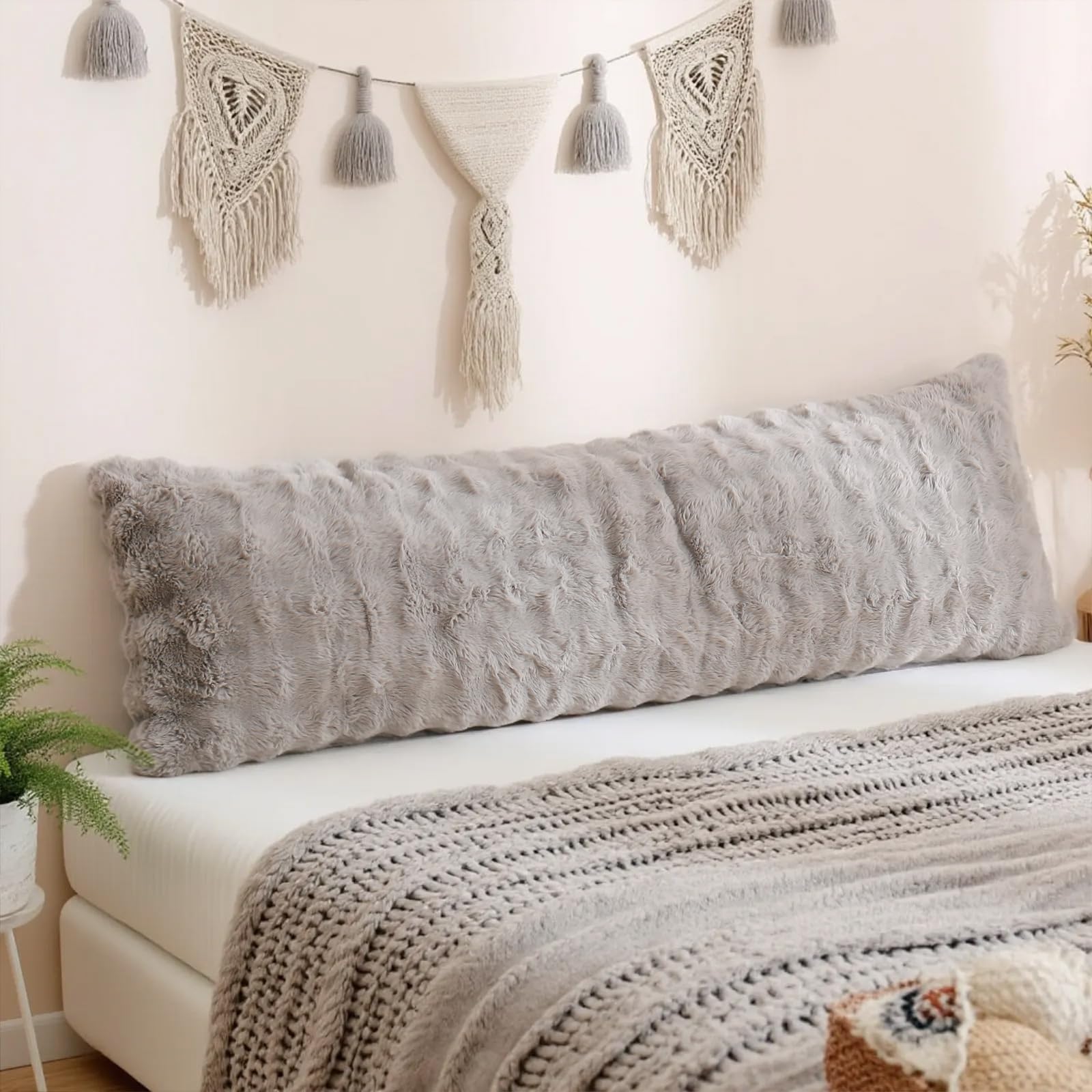 Photo 1 of ***WILL NEED A ZIPPER REPLACEMENT*** Chumerry Gray Faux Fur Body Pillow Cover 1 Piece, Soft Cozy Plush Shaggy Body Pillowcase Long Pillow Case, Plaid Geometric Decorative Bed Pillowcase for Couch Sofa, 20 x 54 Inches