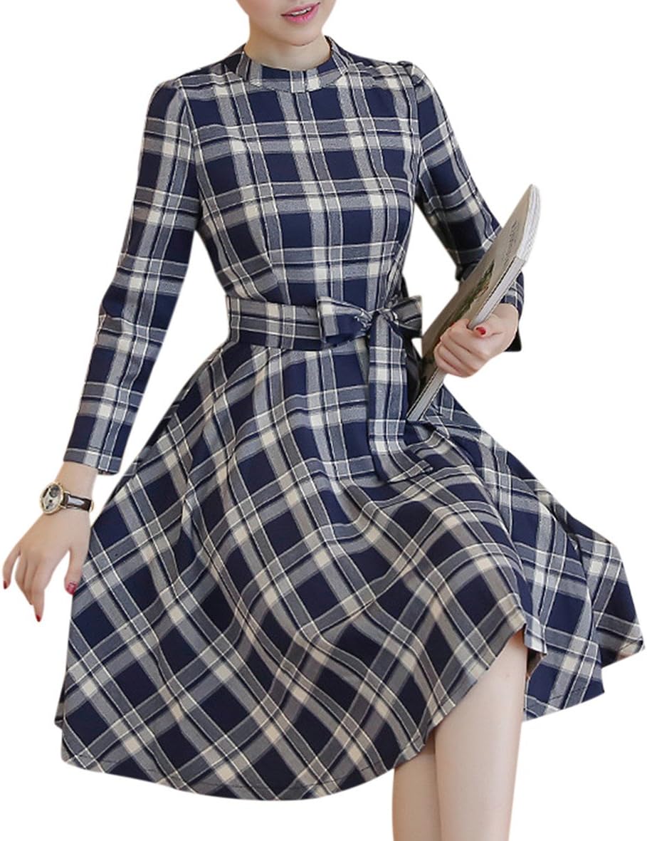 Yomoko Women's Vintage Plaid Swing Dress Long Sleeve Evening Rockabilly Party Dress