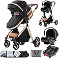 3 in 1 Baby Travel System Convertible Reversible Baby Stroller Portable Pushchair Infant Standard Pram Foldable Baby Carriage Luxury High Landscape Buggy for Newborn (UDV9-BLACKGOLD with Base)