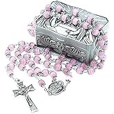 Jirehjill Rosary Beads Catholic for Woman - Italy 8-9mm AAA+ Natural Pink Cat Eyes Gemstone Rosary Beads.