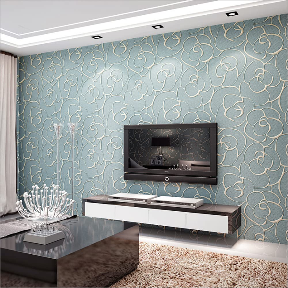 MEAIHOME Modern Simplicity 3D Rose Pattern Non-Woven Flocking Deep Embossed for Living Room Bedroom Wallpaper Roll 0.53m (1.73' W) x 10m (32.8' L) = 5.3㎡ (57 sq.ft) Non-Pasted (Light Blue)
