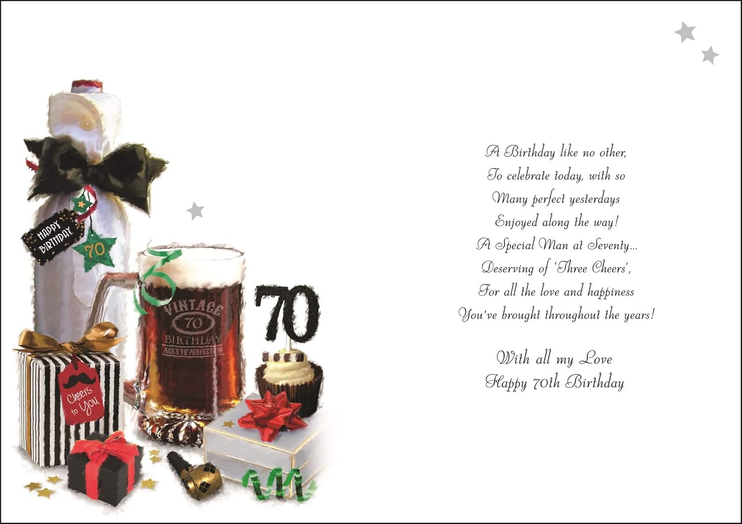 Jonny Javelin Husband 70th Birthday Card, Illustrated Design with Beer and Presents, Age 70, Multicolor - Image 3