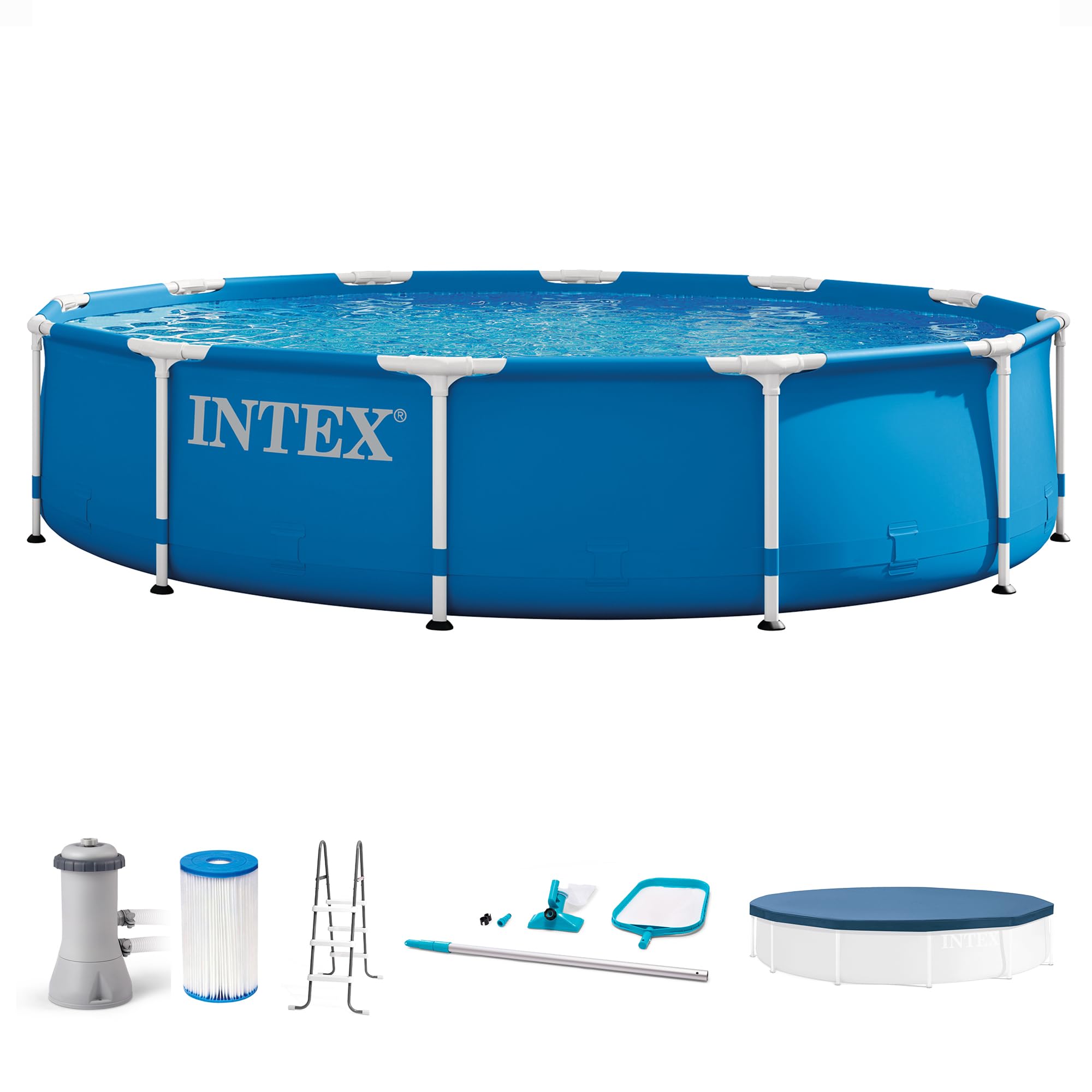 Intex 12 Foot by 30 Inch Framed Above Ground Swimming Pool with 42 Inch Tall Ladder, Maintenance Kit Vacuum Skimmer, and Secure Vinyl Pool Cover