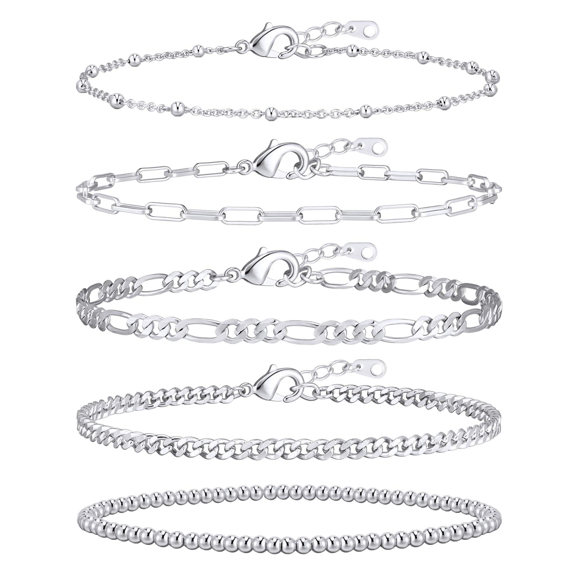 adoyi Silver Bracelets for Women, 14K Gold Plated Stackable Bracelet Stack Set Adjustable Charm Paperclip Chain Cuban Link Layered Waterproof Jewelry Gifts for Womens 6.8 Inch