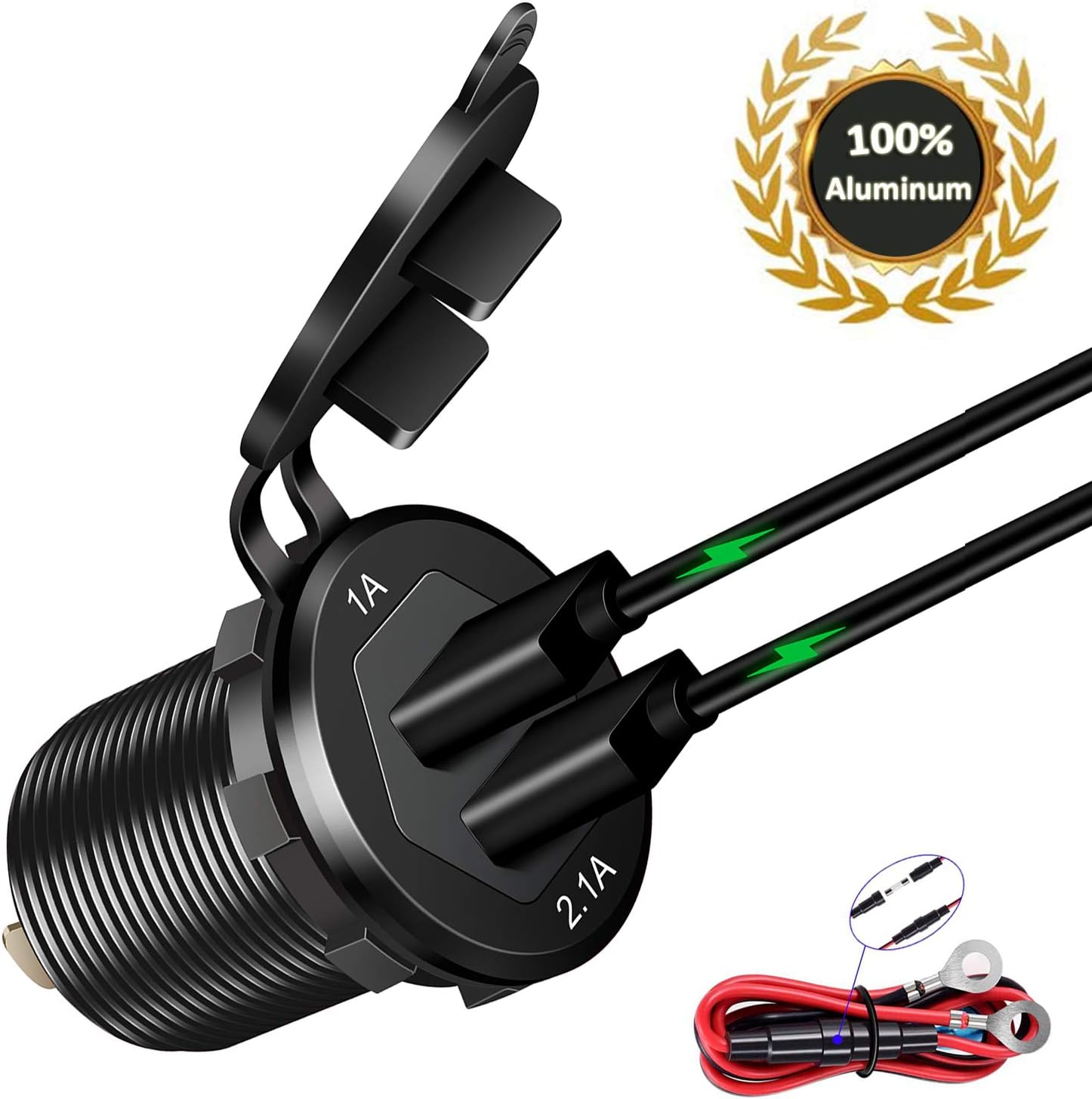 Dual USB Charger Socket Power Outlet 1A & 2.1A(3.1A) Aluminum Waterproof Car USB Charger with Wire Fuse for Car Boat Marine RV Mobile DIY Kit (1.8M Wire) Black