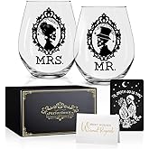 Perfectinsoy Skull Wine Glass 2 Piece with Gift Box, Zombie Design, Valentine's Day Autumn Halloween, Anniversary Wedding Gifts, Couple Gifts for Boyfriend and Girlfriend. (Mrs Mr Set of 2)