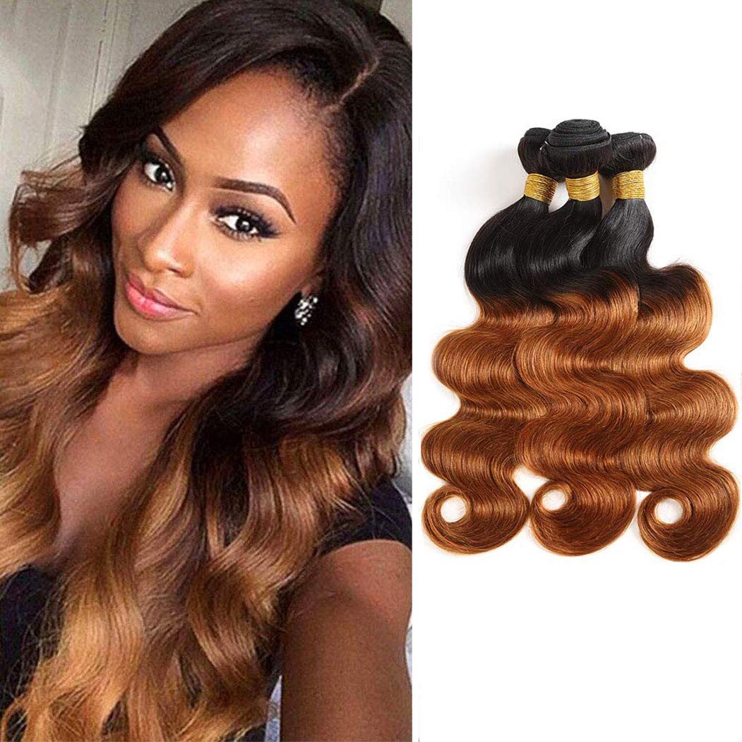 Ombre Human Hair Bundles Body Wave Hair Two-tone #1B30 Brown 100% Human Hair Extensions Brazilian Virgin Hair 8A Grade (20"22"24")Inch