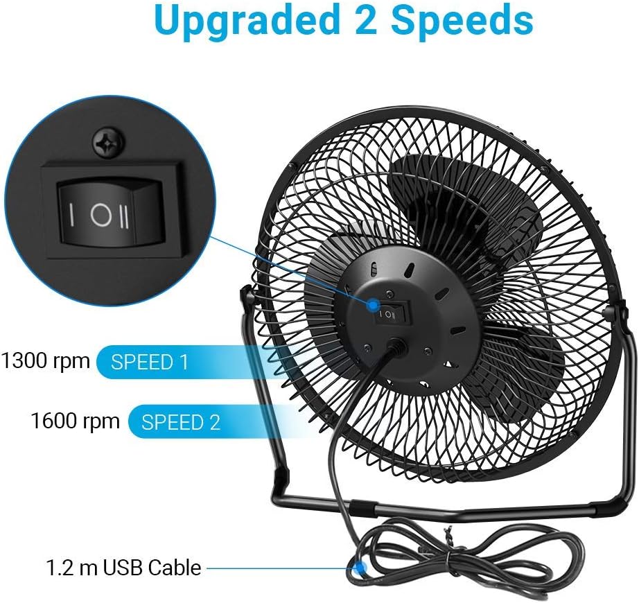 EasyAcc 8 inch USB Desk Fan (USB POWERED ONLY) Enhanced Airflow USB Table Fan Lower Noise 2 Speeds 360° Rotation Desktop Metal Fan Air Circulator Personal Cooling Fan for Home Office Hurricane Camping: Computers & Accessories