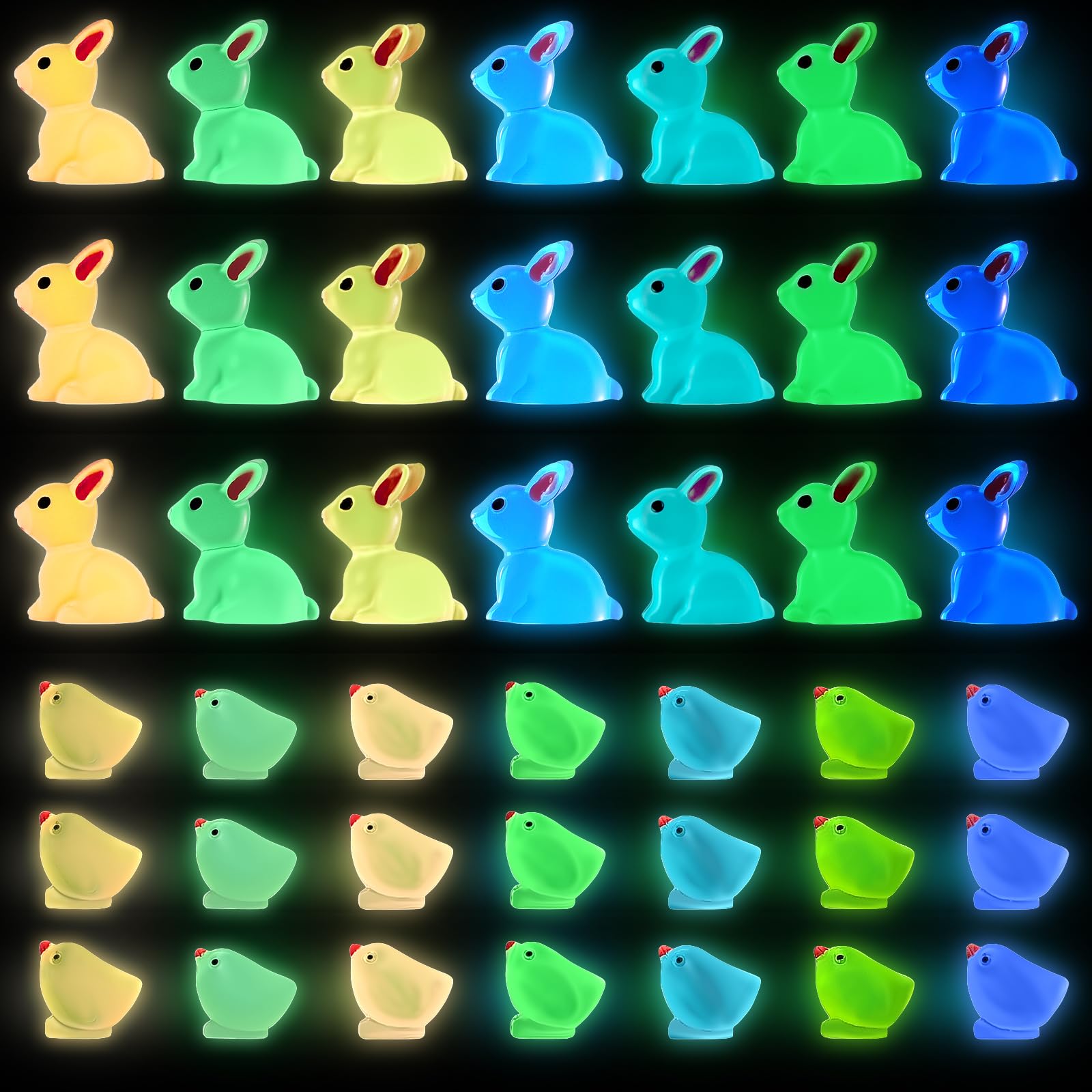 Seeiuua 84Pcs Easter Egg Fillers Essentials Luminous Mini Resin Bunny，Glow in the Dark Easter Basket Stuffers Decor Party Favors Supplies, Hunt Game Prizes