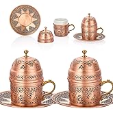 Pure Copper Turkish Arabic Greek Moroccan Coffee Espresso Cup and Saucer Set of 2 Lid Mug Inner Porcelain Serving Drinking Drink Gift Mini Small Fancy Antique Handmade for Home Vintage Unique