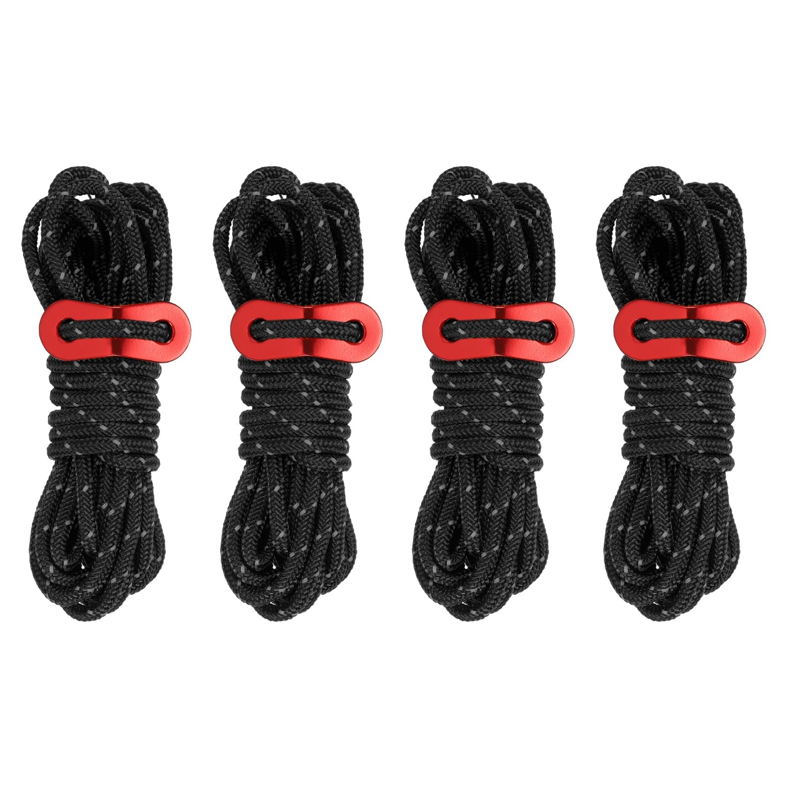 PATIKIL 4mm Tent Rope, 4 Pack 13ft Reflective Guyline Cord Tied Downs Rope Paracord Cord Camping Ropes with Red Aluminum Cord Adjusters for Camping Hiking Tent, Black