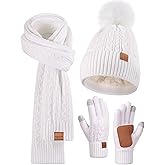 Winter Beanie Hat Scarf Gloves Set for Women, Pom Pom Beanie with Fleece Lined Long Knit Neck Warmer Fingers Touchscreen Gloves, Fashionable Cute Warm 3 in 1 Gift Set for Cold Weather(White)