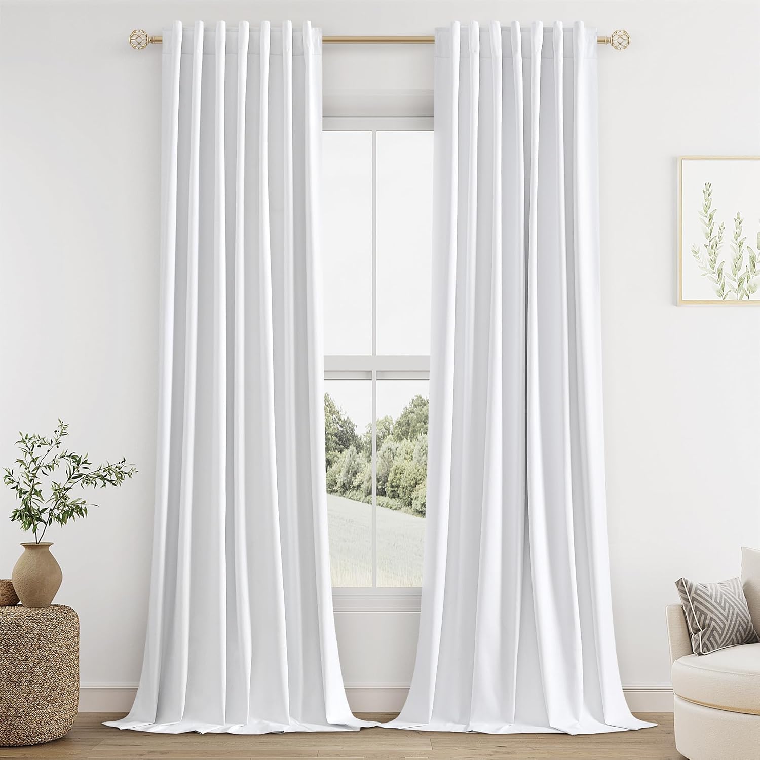 Photo 1 of Guken 100% Blackout Linen Curtains 112 Inch Wide by 52 Inch 2 Panels Set for Living Room Bedroom Back Tab Thermal Insulated Black Out Linen Drapes Room Darkening Window Curtains, White